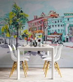 Sulu Boya Sokak Çizim Manzaralı Duvar Kağıdı Baskı thumbnail 5