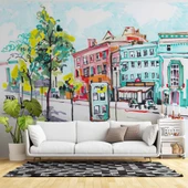 Sulu Boya Sokak Çizim Manzaralı Duvar Kağıdı Baskı thumbnail 1
