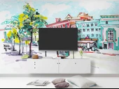 Sulu Boya Sokak Çizim Manzaralı Duvar Kağıdı Baskı thumbnail 3