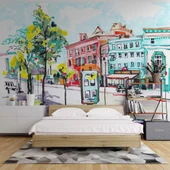 Sulu Boya Sokak Çizim Manzaralı Duvar Kağıdı Baskı thumbnail 2