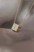 Gold Renkli Küp Model Zirkon Taşlı T Harfli Kolye - 1