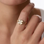 8 Ayar Altın 4 Yapraklı Yonca Desenli Kadın Yüzük - 1