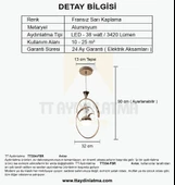 TT Aydınlatma TT334-TPL-FSR  Badem Modeli Fransız Sarı Kaplama Tek Toplu 3 Renk Modüllü Ledli Avize - 4
