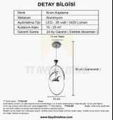 TT Aydınlatma TT334-TPL-KR  Badem Modeli Krom Kaplama Tek Toplu 3 Renk Modüllü Ledli Avize - 4