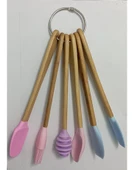 Renkli Bambu Saplı Silikon Uçlu Spatula Fırçalı Kaşık Ahşap Seti 6'lı 21cm - 1