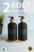 2’li Siyah-Beyaz Mutfak Sıvı Sabunluk Seti 500ml 500ml Bambu Tepsili Oval - 5