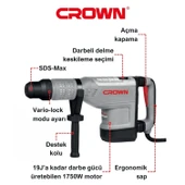 Crown CT18190 Kırıcı Delici Hilti 12 Kg Darbeli Matkap 1700 W Metal Beton Kömürlü Delme 19 Joule Güç - 2