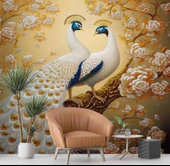 Sanatsal Beyaz Çiçek ve Tavuskuşu Duvar Kağıdı Baskı thumbnail 6