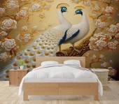 Sanatsal Beyaz Çiçek ve Tavuskuşu Duvar Kağıdı Baskı thumbnail 2