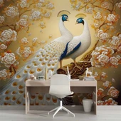 Sanatsal Beyaz Çiçek ve Tavuskuşu Duvar Kağıdı Baskı thumbnail 4