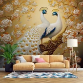 Sanatsal Beyaz Çiçek ve Tavuskuşu Duvar Kağıdı Baskı thumbnail 1