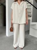 Keten Kısa Kollu Cepli Gömlek Pantolon Ikili Takım - Beyaz - 1