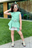 Kız Çocuk Sıfır Kol Asimetik Kesim Kemerli Turkuaz Tunik Şortlu Takım thumbnail 1