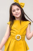 Kız Çocuk Sıfır Kol Asimetik Kesim Kemerli Sarı Tunik Şortlu Takım thumbnail 3