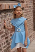 Kız Çocuk Sıfır Kol Asimetik Kesim Kemerli Mavi Tunik Şortlu Takım thumbnail 4