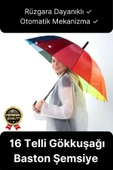 Özel Tasarım Rüzgara Dayanıklı Otomatik Model Fiber 16 Telli  Gökkuşağı Desenli Baston Şemsiye 55cm - 1