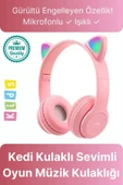 Kablosuz Gürültü Engelleyen Bluetooth Işıklı Mikrofonlu Kedi Kulaklı Sevimli Oyun Müzik Kulaklığı - 1