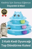 Premium Eğlenceli Renkli Dayanıklı Yuvarlak Kauçuk Pedli 3 Katlı Kedi Oyuncağı Top Döndürme Kulesi - 1