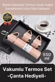 Kaliteli Paslanmaz Çelik Çift Katmanlı Sıcak Soğuk 3 Bardaklı Vakumlu Termos Çanta Hediyeli 550 Ml - 1