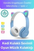 Kablosuz Gürültü Engelleyen Bluetooth Işıklı Mikrofonlu Kedi Kulaklı Sevimli Oyun Müzik Kulaklığı - 1