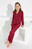 Kız Çocuk Kalp Desenli Düğmeli Uzun Kollu  Pijama Takımı - 1