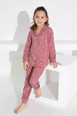 Kız Çocuk Kalp Desenli Düğmeli Uzun Kollu  Pijama Takımı - 2