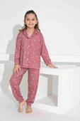 Kız Çocuk Kalp Desenli Düğmeli Uzun Kollu  Pijama Takımı - 1