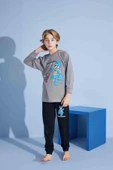 Erkek Çocuk Sevimli Kedi Desenli Uzun Kollu Pijama Takımı - 1