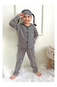 Kız Çocuk Düğmeli Cizgili Ayıcık  Desenli Uzun Kollu Pijama Takımı - 1