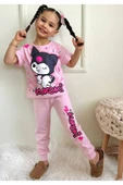 Kız Çocuk Kedi Desenli Kısa Kollu Tshırt Eşofman 2'Li Takım - 1