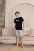 Erkek Çocuk  lacivert Desenli Şortlu  Pijama Takımı - 1