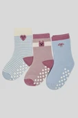 3 Çift Havlu Pamuklu Kaydırmaz Taban Kışlık Mantar Kalp Desenli Kız  Çocuk Ve Bebek Soket Çorap thumbnail 1