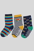 3 Çift Havlu Pamuklu Kaydırmaz Taban Kışlık Araba Ve Çizgi Desenli  Erkek Çocuk Ve Bebek Soket Çorap thumbnail 1