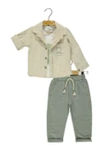 3' lü Erkek Çocuk Açık Kahve Keten Gömlek ve Yeşil Pantalonlu Takım - 1