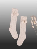 1'li Kız Bebek Pon Pon Kurdele Detaylı Dizaltı Çorap Bej thumbnail 1