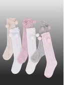 1'li Kız Bebek Pon Pon Kurdele Detaylı Dizaltı Çorap Bej thumbnail 3