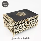 Desenli Kutu Çeyizlik, Seccade + Tesbih + Kuran Hediye Seti (Hafız Boy, Kadife, Siyah, Elif-Vav) - 1