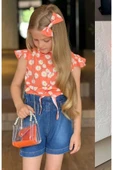 Kız Çocuk Bebe Yaka Papatya Baskılı Omzu Fırfırlı Gömlek Beli Lastikli Jean Şortlu Takım thumbnail 3
