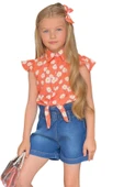 Kız Çocuk Bebe Yaka Papatya Baskılı Omzu Fırfırlı Gömlek Beli Lastikli Jean Şortlu Takım - 8