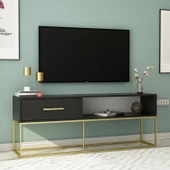 Mira TV Ünitesi 160 cm – Kapaklı ve Raflı, Gold Ayak, Modern Tasarım - 1