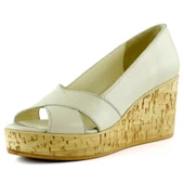 Erkan Saçmacı Astrid Bej Hakiki Deri Çapraz Bantlı Mantar Taban Görünümlü Dolgu Topuklu Sandalet - 1