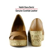 Erkan Saçmacı Astrid Taba Hakiki Deri Çapraz Bantlı Mantar Taban Görünümlü Dolgu Topuklu Sandalet - 6