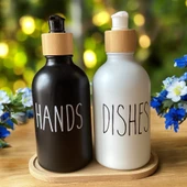 Brokoli Home 2 Adet  Siyah Beyaz Dekoratif Mutfak Banyo Sıvı Cam Sabunluk Seti  Bambu Stantlı Set - 3