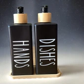 Brokoli Home 2’li Siyah Beyaz Dekoratif Mutfak Banyo Sıvı Cam Sabunluk Seti 300ml Bambu Stantlı Setİ - 4