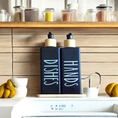 Brokoli Home 2’li Siyah Beyaz Dekoratif Mutfak Banyo Sıvı Cam Sabunluk Seti 300ml Bambu Stantlı Setİ - 1