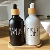 Brokoli Home 2 Adet  Siyah Beyaz Dekoratif Mutfak Banyo Sıvı Cam Sabunluk Seti  Bambu Stantlı Set - 4