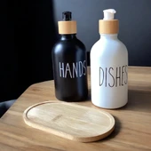 Brokoli Home 2 Adet  Siyah Beyaz Dekoratif Mutfak Banyo Sıvı Cam Sabunluk Seti  Bambu Stantlı Set - 5