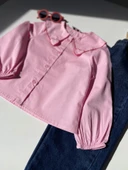 Kalp Detaylı Pembe Gömlek ve Koyu Mavi Kot Pantolon Takım - 10