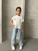 Çiçek Aplikeli 2’li Kız Çocuk Takım (Krem - Açık Mavi Jean) - 2