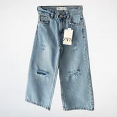 Yırtık Detaylı Bol Paça Kız Çocuk Jean – Açık Mavi - 1